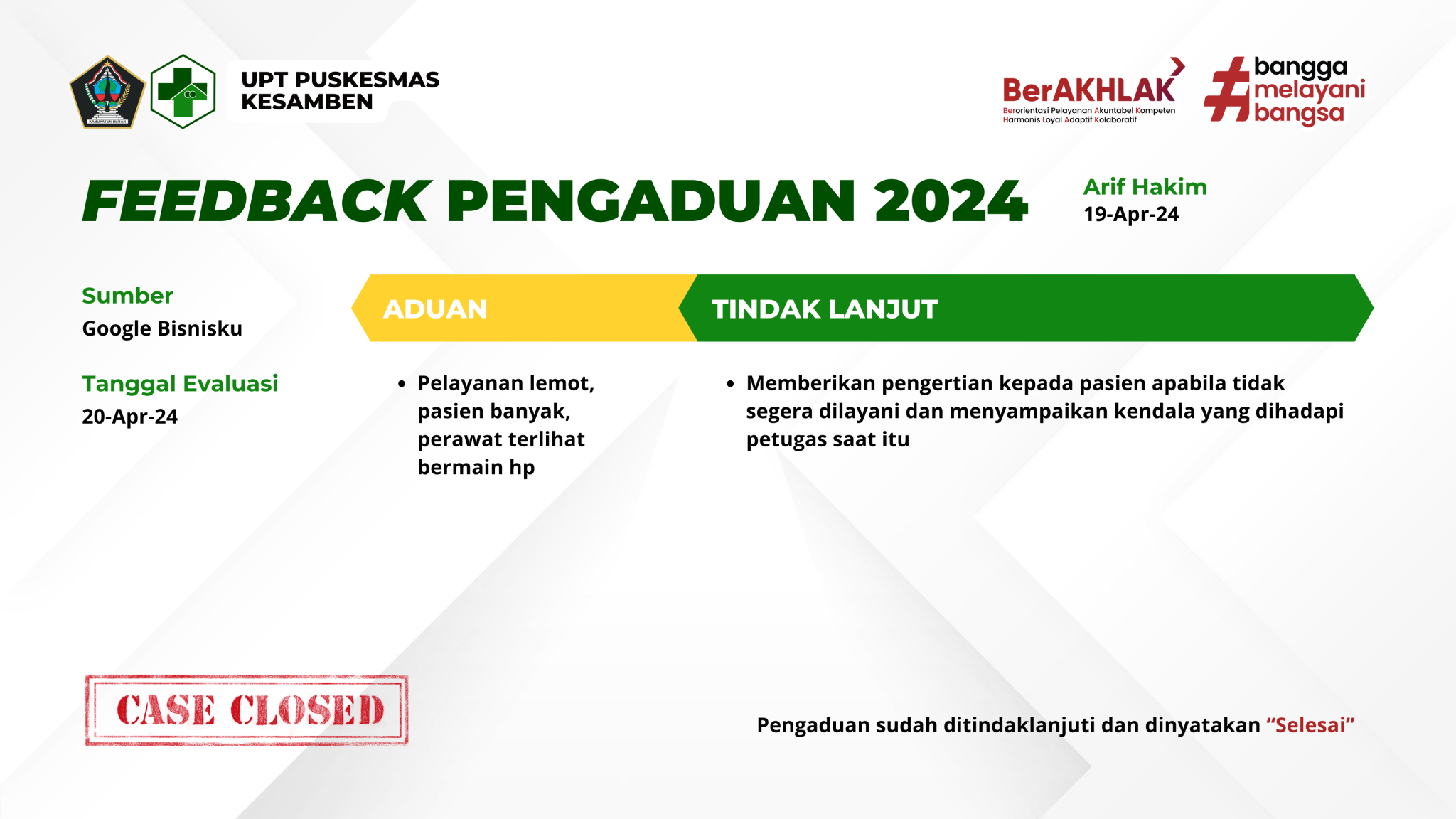 feedback aduan 2024 puskesmas kesamben