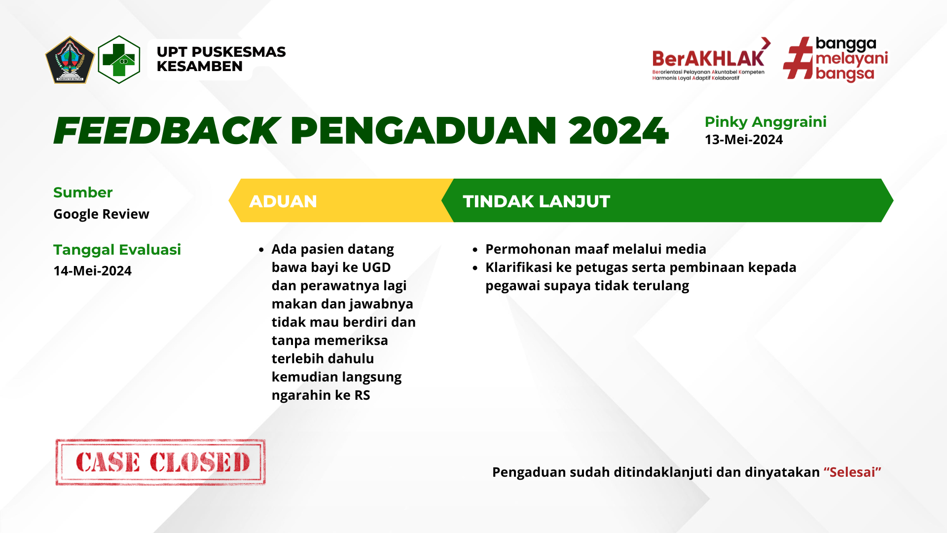 feedback pengaduan 13 mei 24
